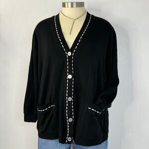 Vintage 90s Black White Contrast Button V-Neck Cardigan Sweater Size 2X